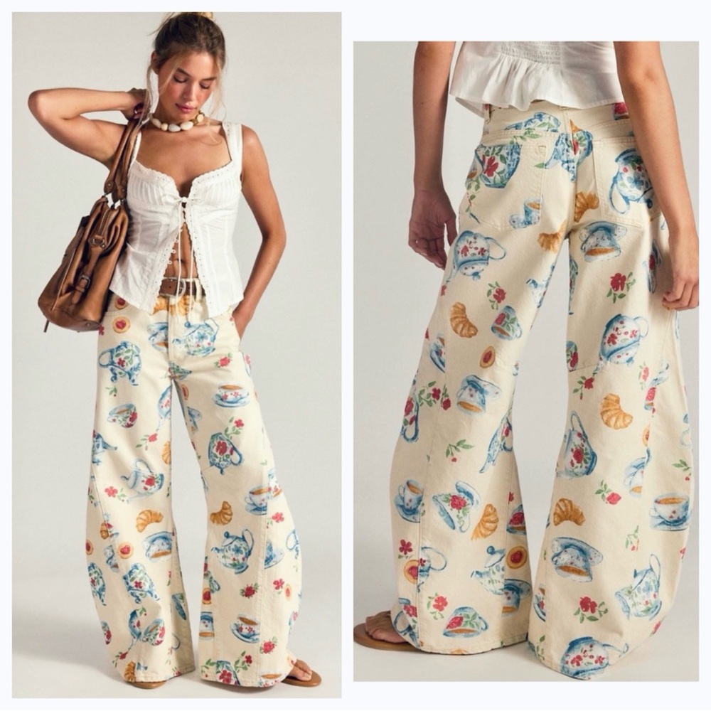 We The Free Cream Floral Wide Leg Jeans